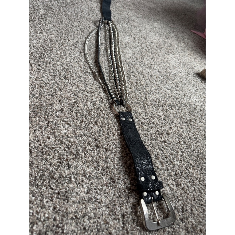 Leatherock USA Black Leather Multi Strand Chain Belt Western Rocker Silver 34